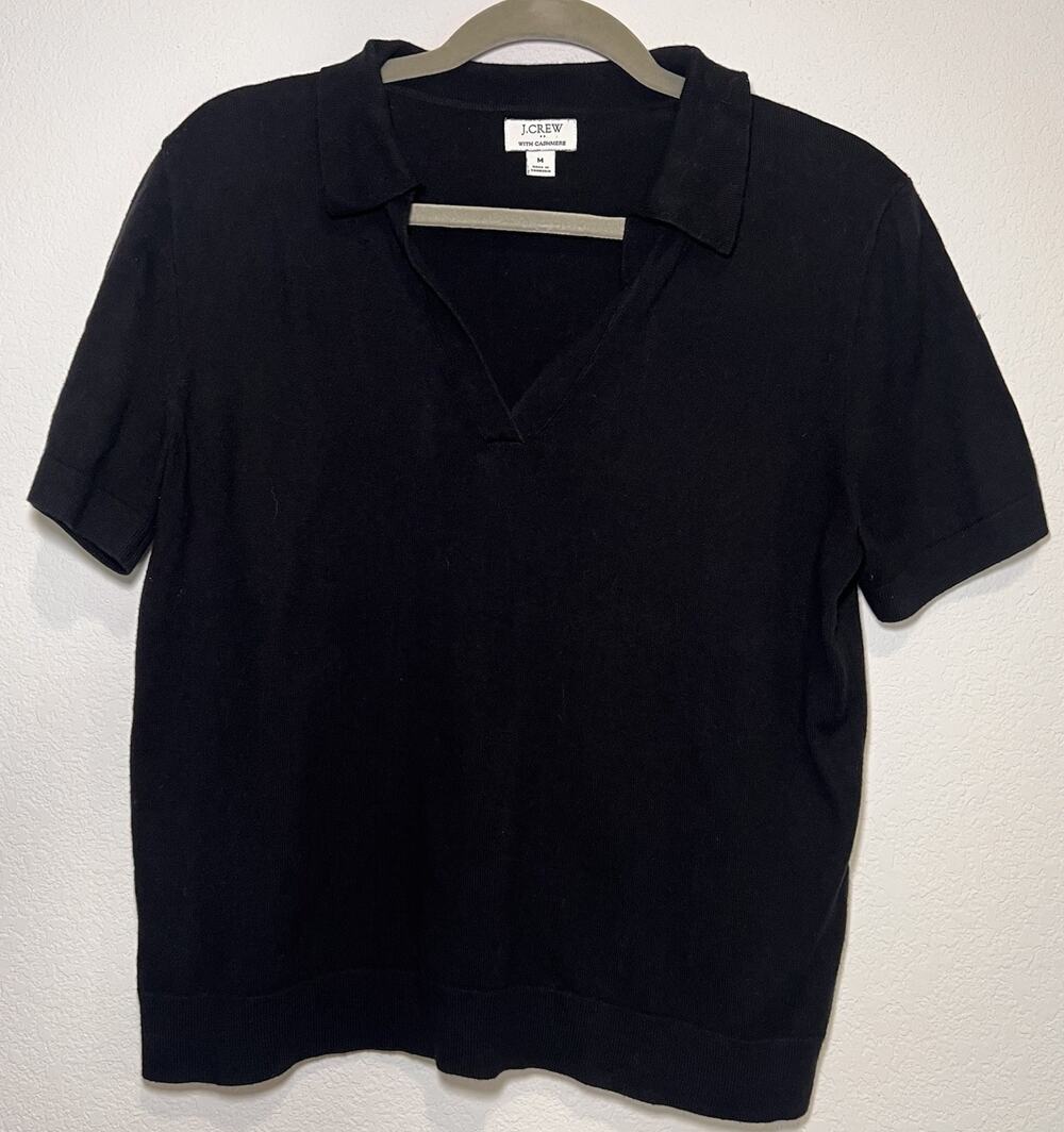 J.Crew Sweater Women Size M Black Cotton Cashmere Short Sleeve Collared Polo Top